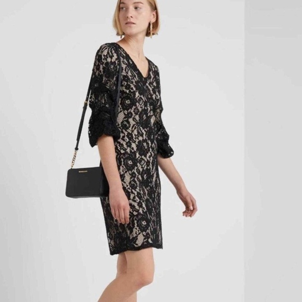 NWT DKNY Women's lined Ruched-Sleeve Black Lace Sheath Dress, MSRP $144, sz 4